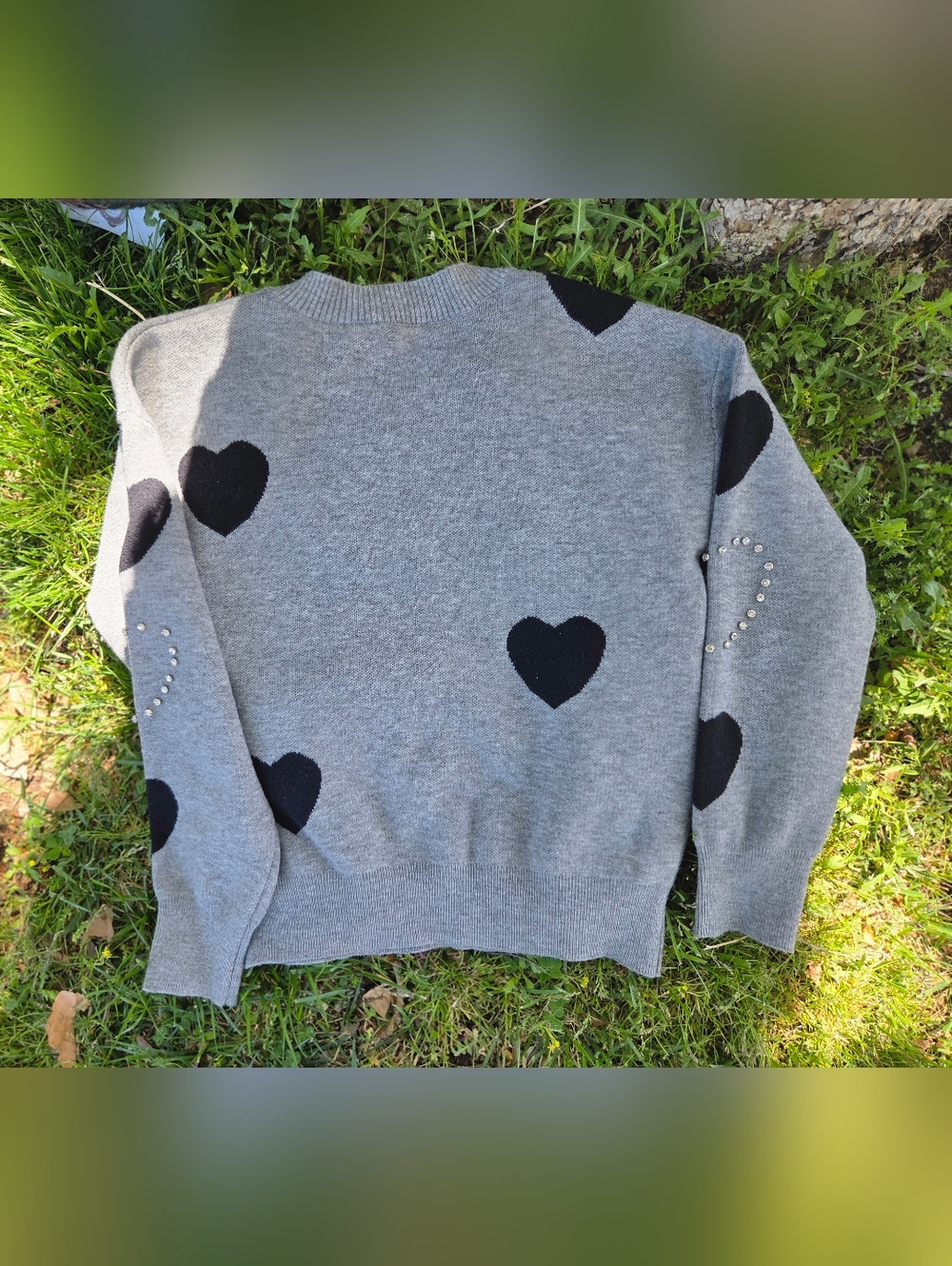 Nanette Lepore Gray Sweater with Black Heart Accents and Rhinestone Studs - Picture 6 of 6